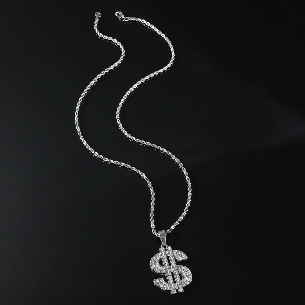 Hip Hop Rap Gold Color US Dollar Sign Pendants Necklaces For Men Women Punk Rhinestone Money Dollar Logo Fashion Jewelry Gifts