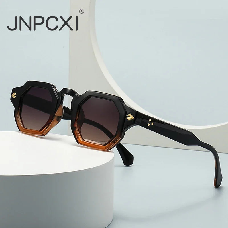 JNPCXI New Arrival Retro Polygon Square Women Rivets Sunglasses Gradient Shades UV400 Men Brand Designer Punk Sun Glasses