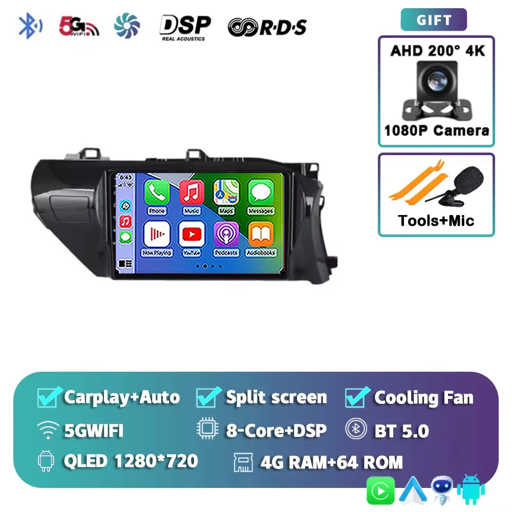 Car Radio For Toyota Hilux RHD 2015 2016 2017 2018 2020 2021 2023 Wireless Carplay Android Auto Multimedia Player Stereo WIFI 4G