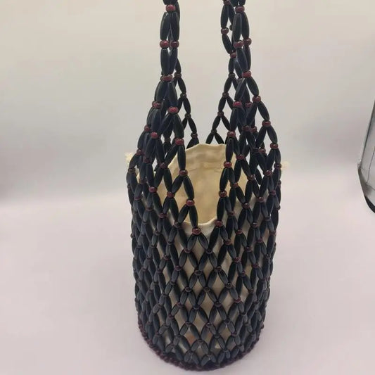 Black Wooden Women's Hollow Beaded Seaside Handheld Shoulder Underarm Bag Design