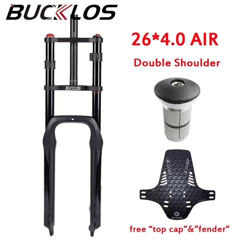 BUCKLOS E-bike Bike Air Supension Fork 26*4.0 Inch Snow Fatbike Front Fork Double Shoulder MTB Fork 135x9mm Travel Air Forks