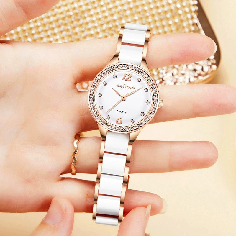 Round Dial Diamond Ladies Watch Waterproof Fashion Women's Watches Alloy Ceramic Quartz Women Wristwatches