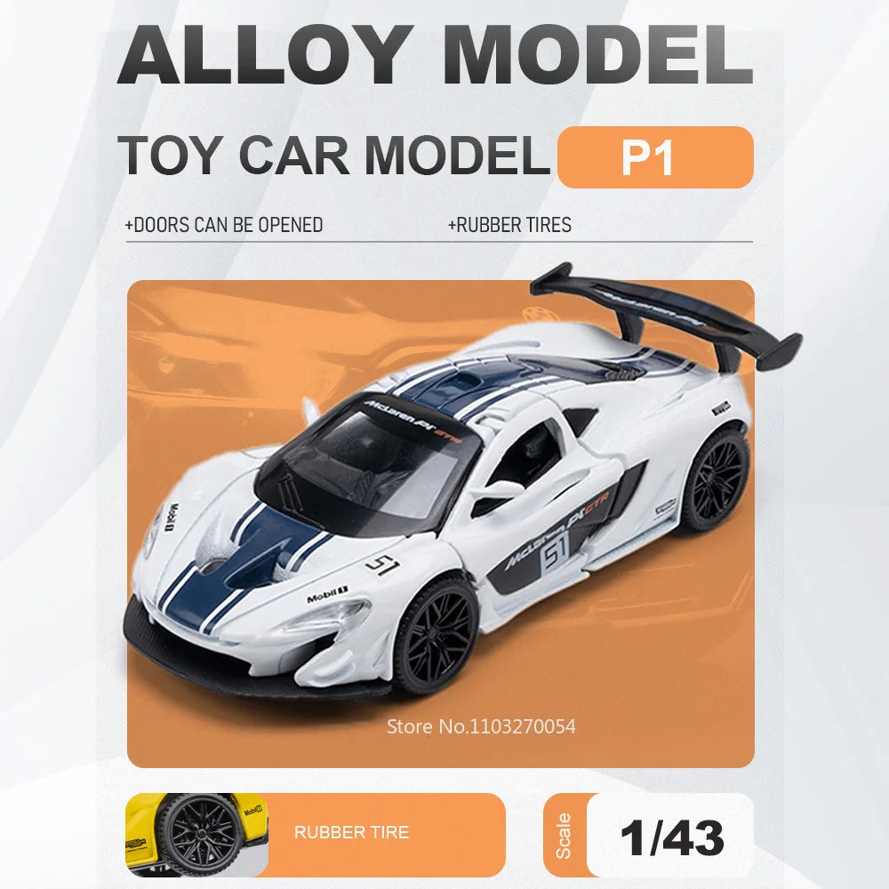 1:43 P1 GTR F1 Miniature Car Diecast Alloy Sports Model Toys with Acrylic Box Rubber Tires Metal Body Vehice Display Items Gifts