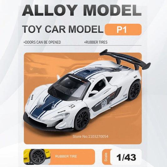 1:43 P1 GTR F1 Miniature Car Diecast Alloy Sports Model Toys with Acrylic Box Rubber Tires Metal Body Vehice Display Items Gifts