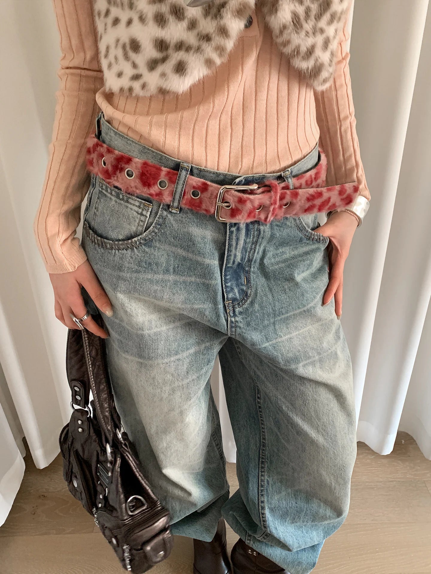 American Sexy Girl Style Pink Leopard Print Belt For Women With Skirt Jeans With Decoration Fluffy Waist Belt
