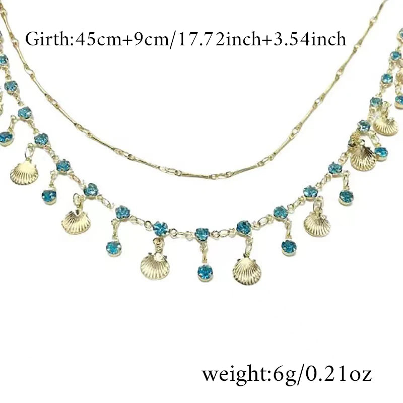 Dainty Gold Plated Scallop Shell Necklace Minimalist Layered Chain Blue Crystal Clavicle Necklace Trendy 2026 Summer Jewelry: