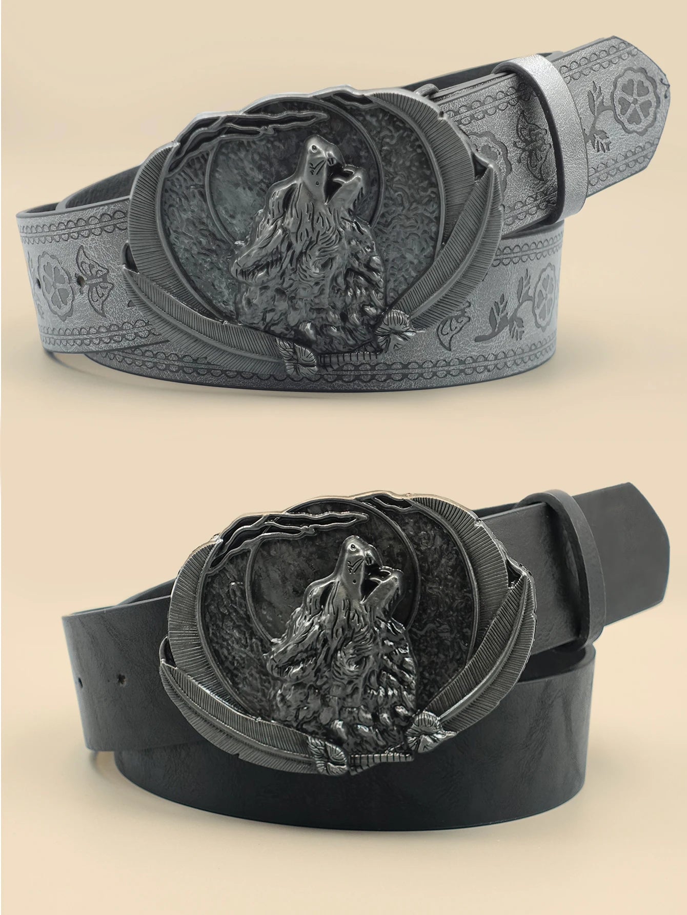 Men Vintage Western Wolf Buckle Streetwear Casual Pu Leather Belt