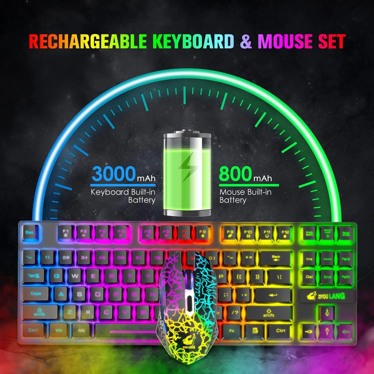 Wireless Gaming Keyboard and Mouse, Rainbow Backlit Rechargeable 3800mAh Battery