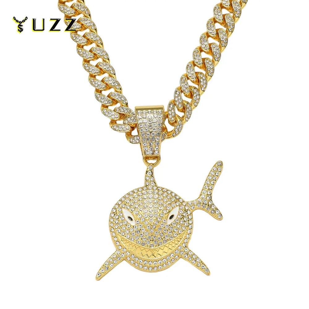 New Arrived Hip Hop Shark Pendant Necklace With 13mm Iced Out Rhinestone Miami Cuban Chain Necklaces Fashion Party Jewelry Gifts