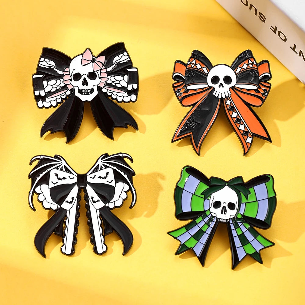 4 Pcs Gothic Skull Bow Enamel Pin Bat Wing Checkered Ribbon Bow Lapel Brooches Punk Dark Skeleton Jewelry for Backpack Jacket De
