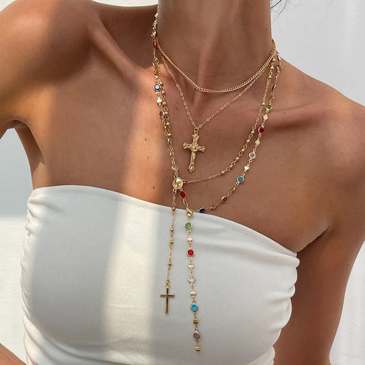 Layered Jesus Cross Pendant Necklace Vintage Metal Chain Women Punk Y2K Collar Jewelry Accessories Gifts