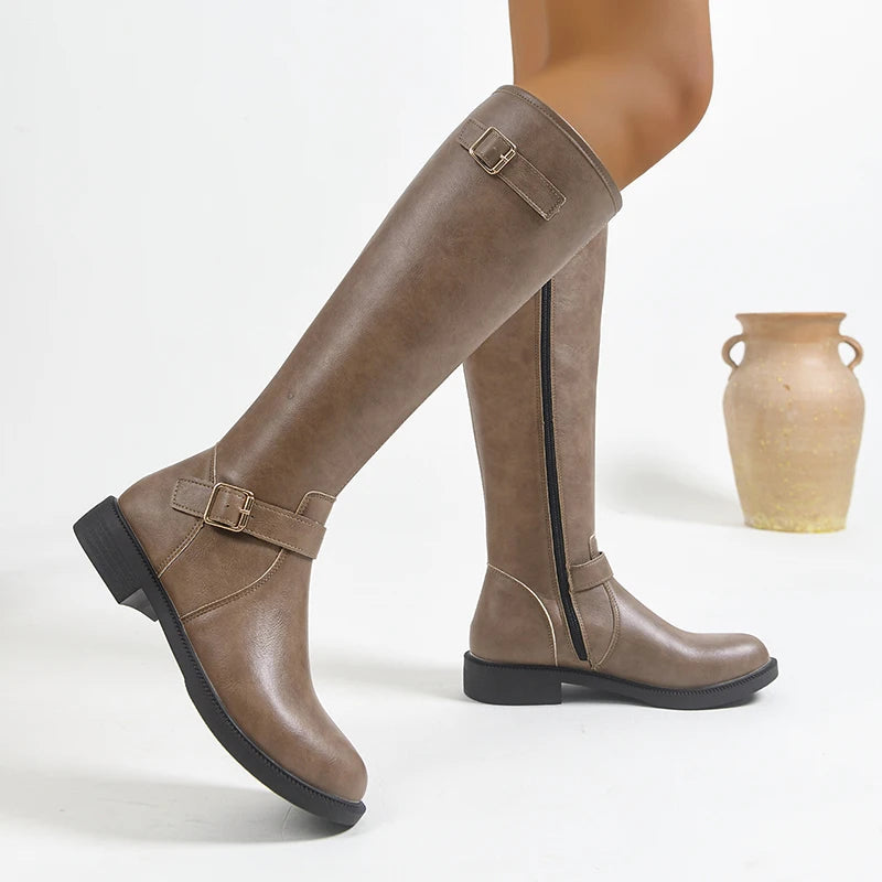Metal Buckle Pu Leather Keen High Boots Women 2026 Autumn Side Zipper Platform Long Boots Woman Plus Size 43 Fashion Botas Mujer