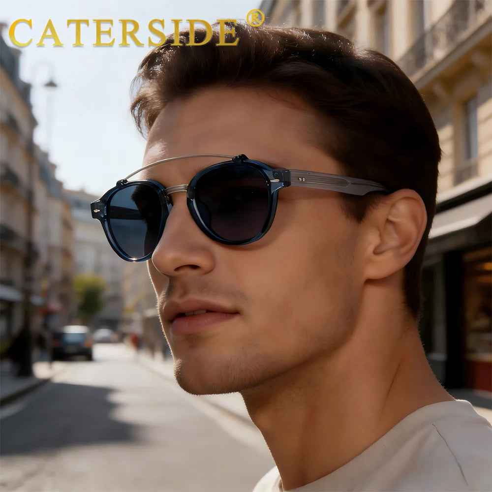 CATERSIDE New RetroPilot Men's Round Sunglasses Classic Double Bridge Design Sun Glasses Women's Outdoor Travel Glasses UV400