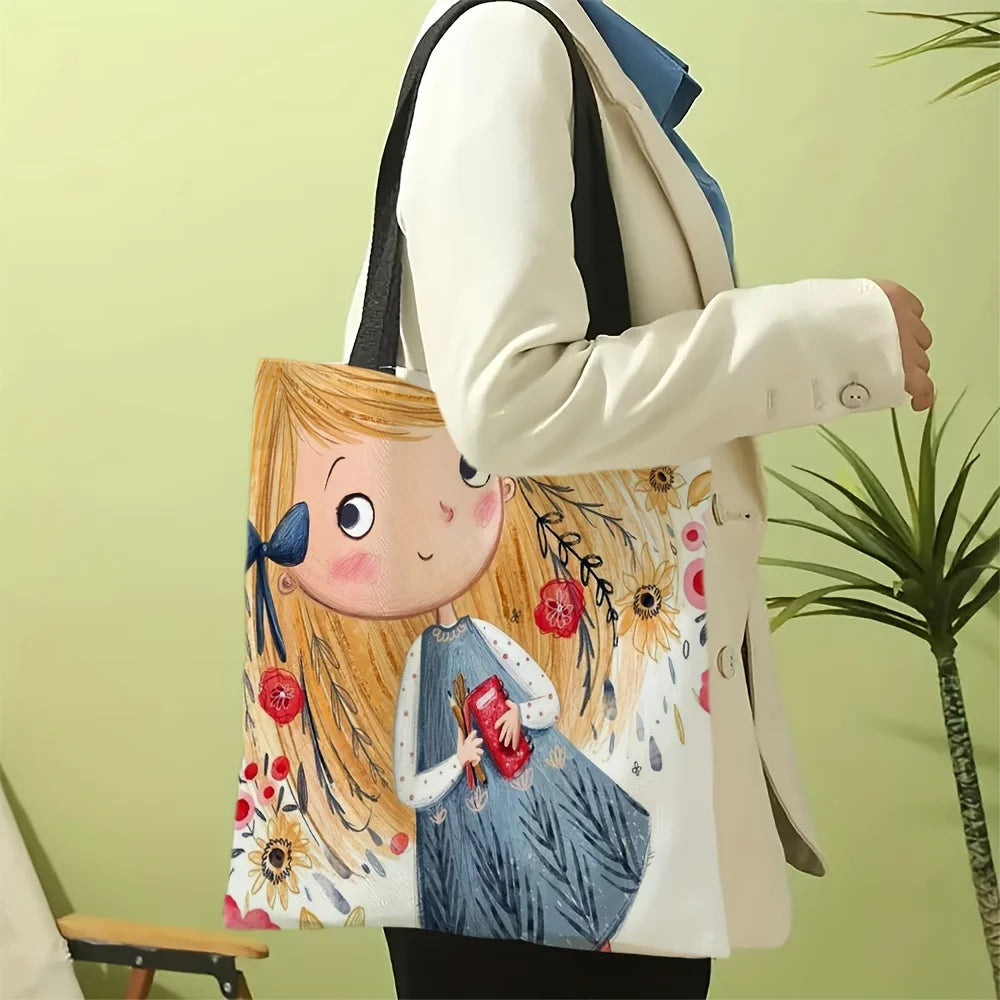 Cartoon Girl Black Cat Print Handbag, Cute Shoulder Bag & Daily Casual Shop Bag