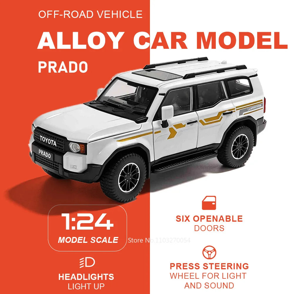 1:24 Prado FJ Cruiser Alloy Diecast Off Road Vehicle Model Toys Car Sound Light Pull Back Front Wheel Steering Festival Surprise