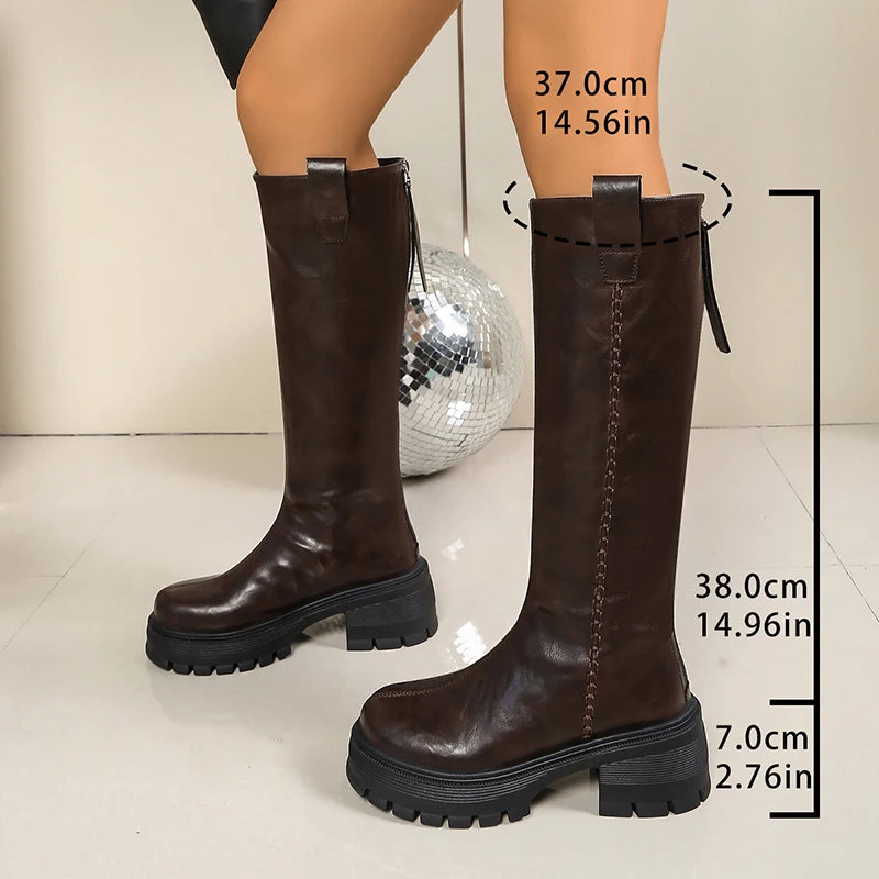 Pu Lrather Chunky Platform Knee High Boots Women Plus Size 42 Thick Bottom Motorcycle Boots Woman Back Zipper Punk Long Botas