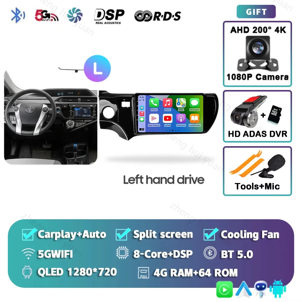 Android 15 CarPlay Auto For Toyota Aqua LHD RHD 2011 - 2017 Car Radio Multimedia navigation video DVD Autoradio Stereo 2din 4G