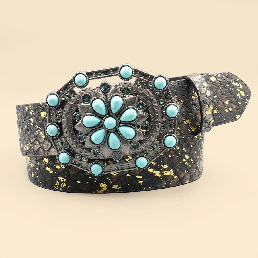 Retro Court Style Imitation Gemstone Inlaid Women's Wide Belt, Western Denim Style, Niche Women's Belt