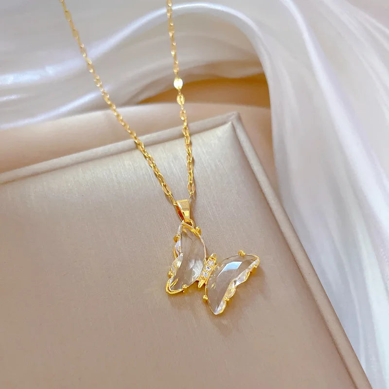 Stainless Steel Butterfly Zircon Pendant Necklace For Women Girls Fashion Persoanlity Clavicle Chain Choker Jewelry Gift Bijoux