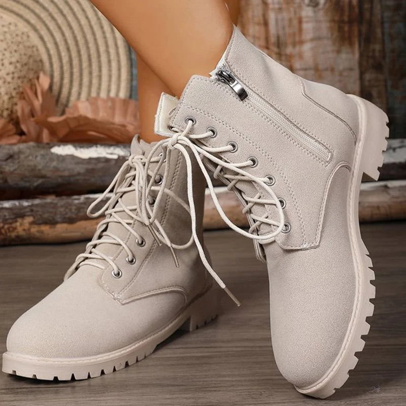 Retro Solid Zip Ankle Boots for Women Autumn Winter Square Heel Lace-Up Women\'s Boots Plus Size Round Toe Shoes of Woman