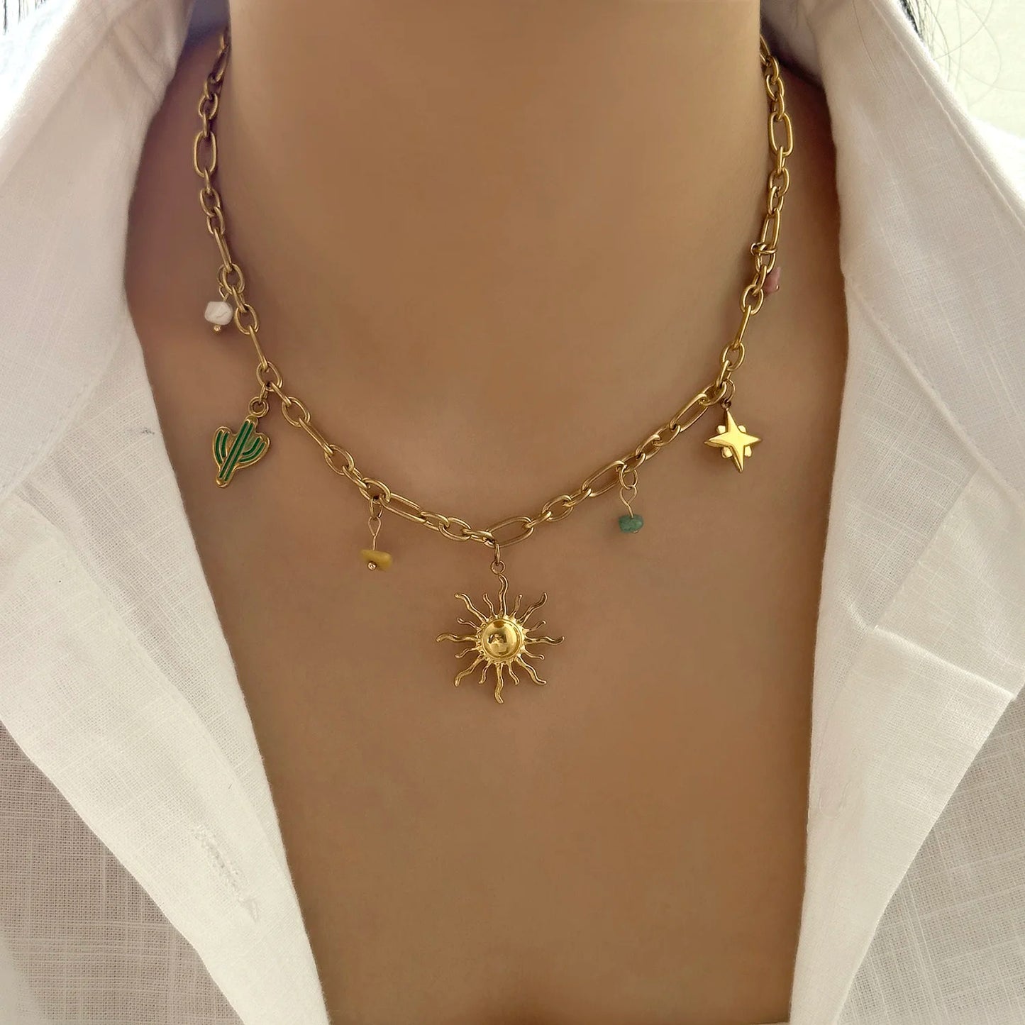 Charming Ceramic Fish Sea Turtle Sun Starfish Pendant Necklace for Women Stainless Steel Gold Color Necklace Beach Party Jewelry