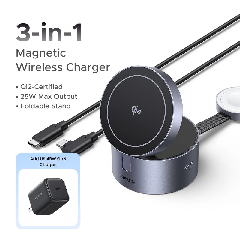 Qi2 15W Magnetic Fast Wireless Charger 3in1 Stand iPhone 15 16 Pro Max/AirPods