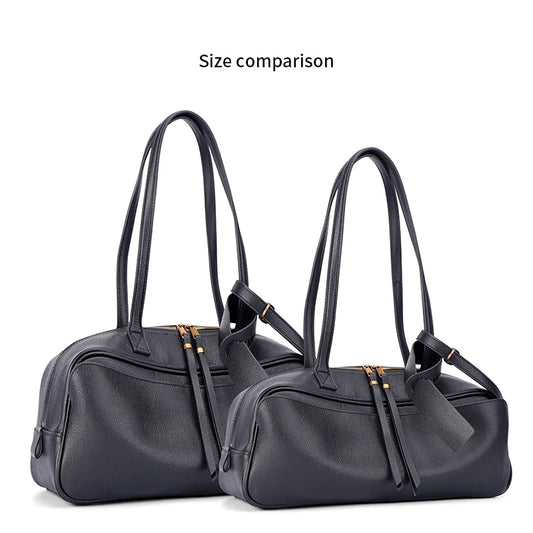 Genuine Leather Tote Bag for Women Large Capacity Cowhide Shoulder Bag Luxury Designer Handbag Female Bowling Underarm Bag