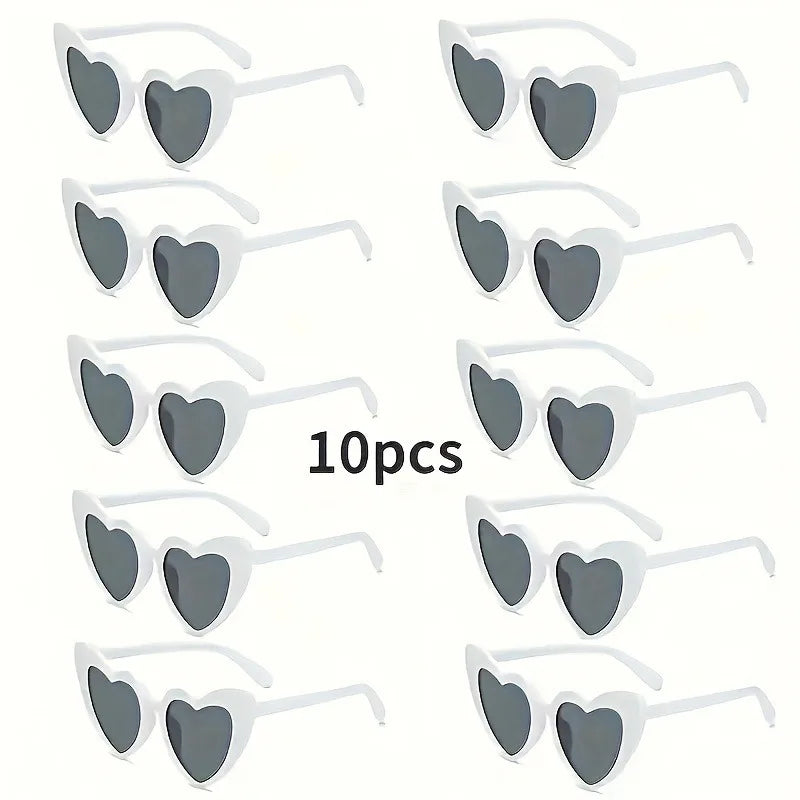 10pcs Chic Heart-Shaped Fashion Glasses -  White Frame with Gray Lenses，Perfect for Weddings, Parties & Photo Props