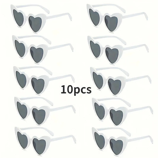 10pcs Chic Heart-Shaped Fashion Glasses -  White Frame with Gray Lenses，Perfect for Weddings, Parties & Photo Props