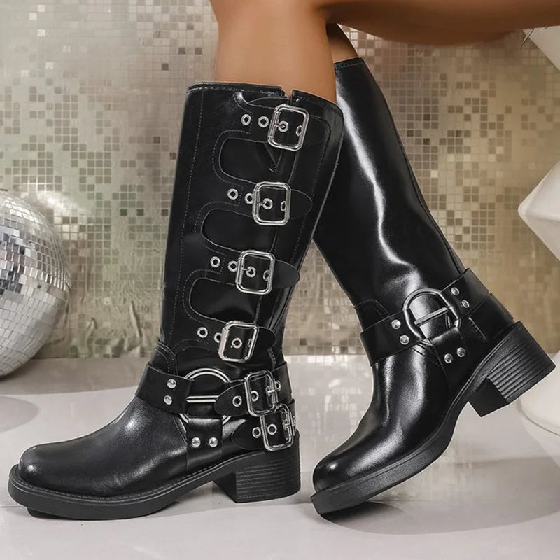 Fashion Buckle Strap Midi-Calf Boots for Women Autumn Winter Brown Rivet Wedges Boots Woman Plus Size Pu Leather Botas Mujer