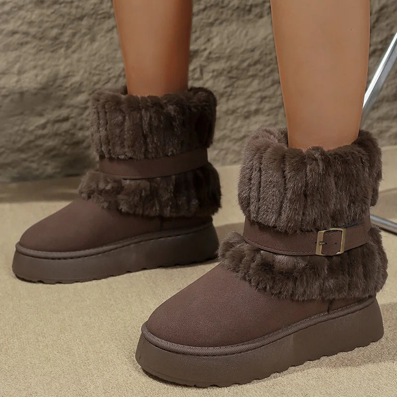 Fashion Buckle Fluffy Fur Boots Women Comfortable Winter Slip On Platform Snow Boots Woman Thick Sole Furry Ankle Botas Mujer