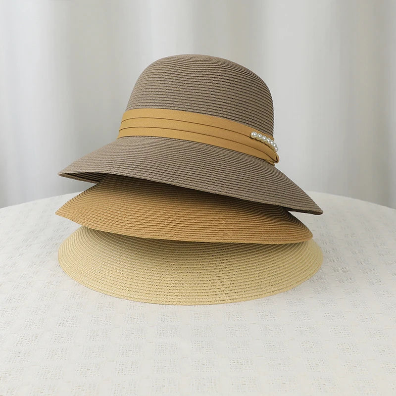 6178-New summer women's sun-protective hat - trendy pearl straw hat for beachandvacation-large-brimmed sun hatforoutdooractivies