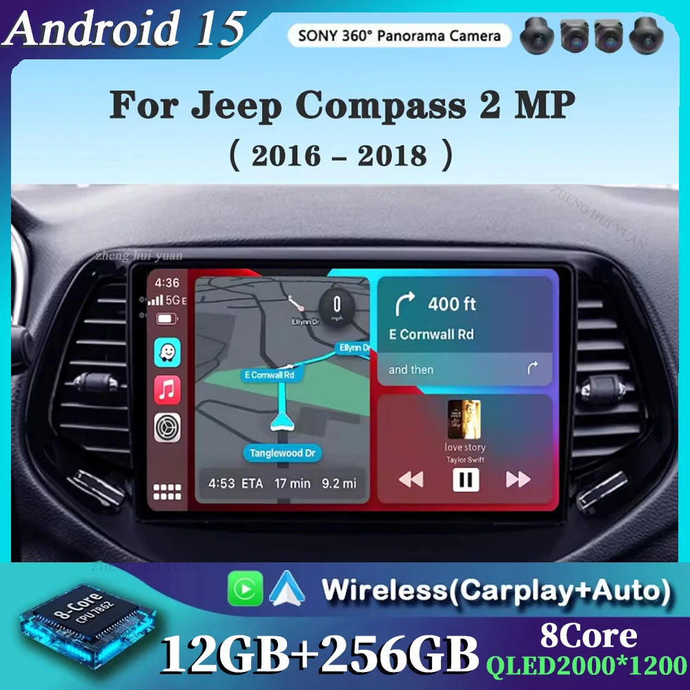 2K QLED For Jeep Compass 2 MP 2016 - 2018 Android 15 CarPlay Auto Car Radio Multimedia Video Player GPS stereo Head Unit 4G WIFI