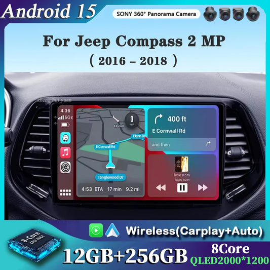 2K QLED For Jeep Compass 2 MP 2016 - 2018 Android 15 CarPlay Auto Car Radio Multimedia Video Player GPS stereo Head Unit 4G WIFI