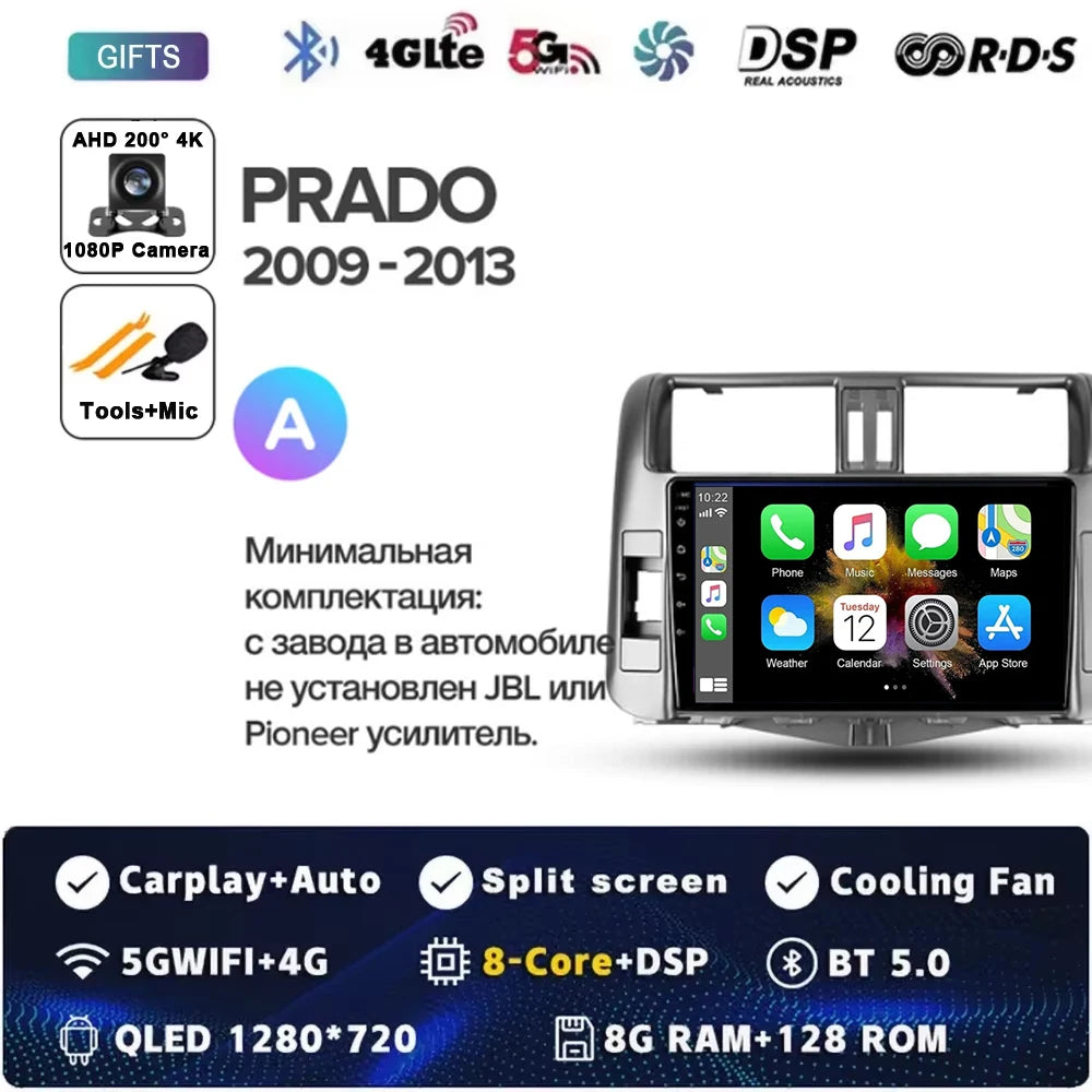 Android 15 Car Radio for Toyota Land Cruiser Prado 150 2009-2013 with GPS Navigation QLED Carplay Auto Multimedia Stereo BT