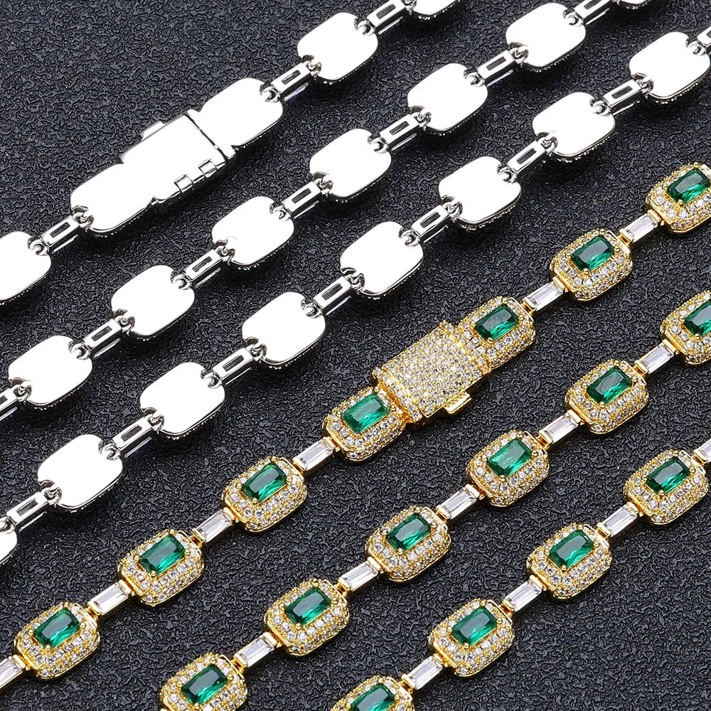 Luxury Jewelry Set 7mm Gemstone Link Necklace, 18k Gold Plated CZ Diamond Chain