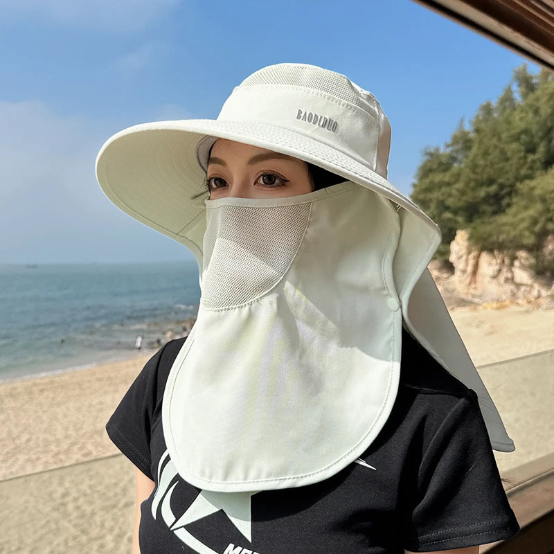 8458 Spring summer Cross border large cape sun block hat fashion face mask fisherman hat with ponytail hole visor hat children