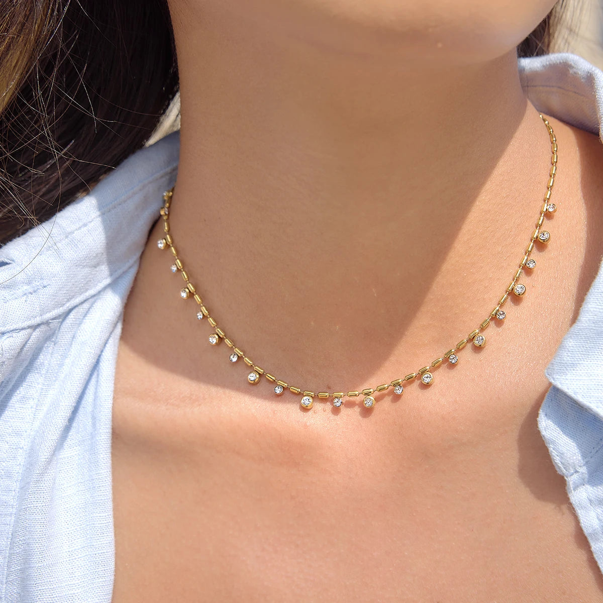 Uworld Delicate Round Rhinestones Bead Chain Necklace For Women 18K PVD Gold Plated Stainless Steel Layered Necklaces Party Gift