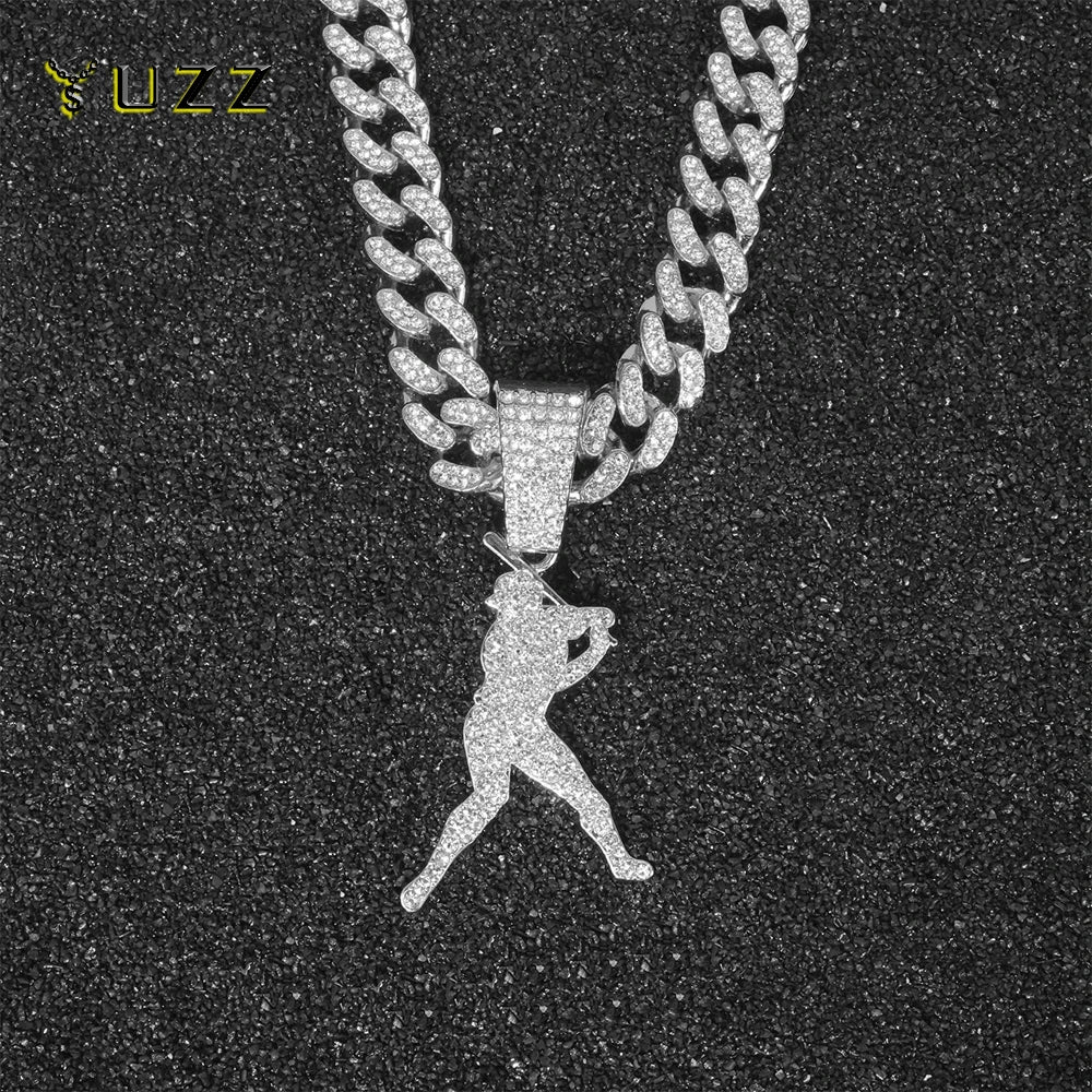 Hip Hop Baseball Pendant Fashion Sport Style Necklace with 13mm Cuban Chain Baseball Player Pendant Trendy Men's Party Jewelry