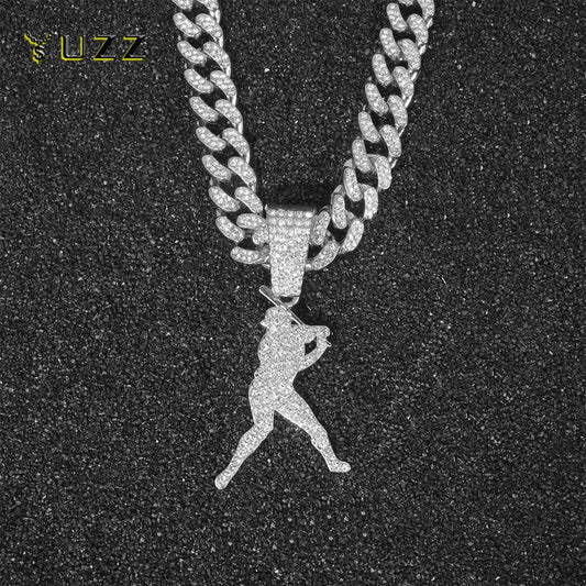 Hip Hop Baseball Pendant Fashion Sport Style Necklace with 13mm Cuban Chain Baseball Player Pendant Trendy Men's Party Jewelry