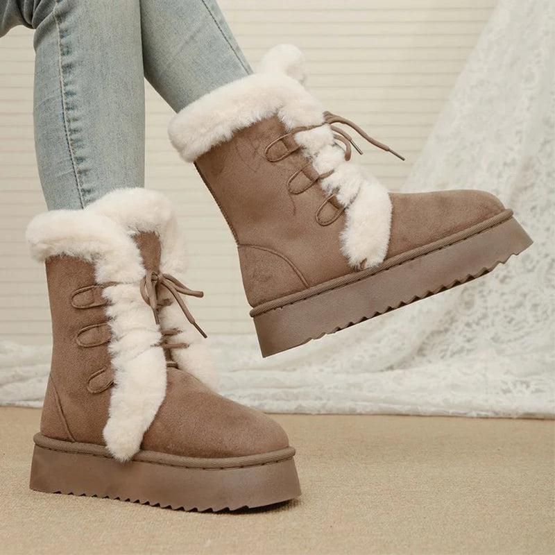 Lace Up Long Plush Snow Boots Women Plus Size 42 Thick Sole Warm Cotton Padded Shoes Woman Thicken Fleece Ankle Boots Female