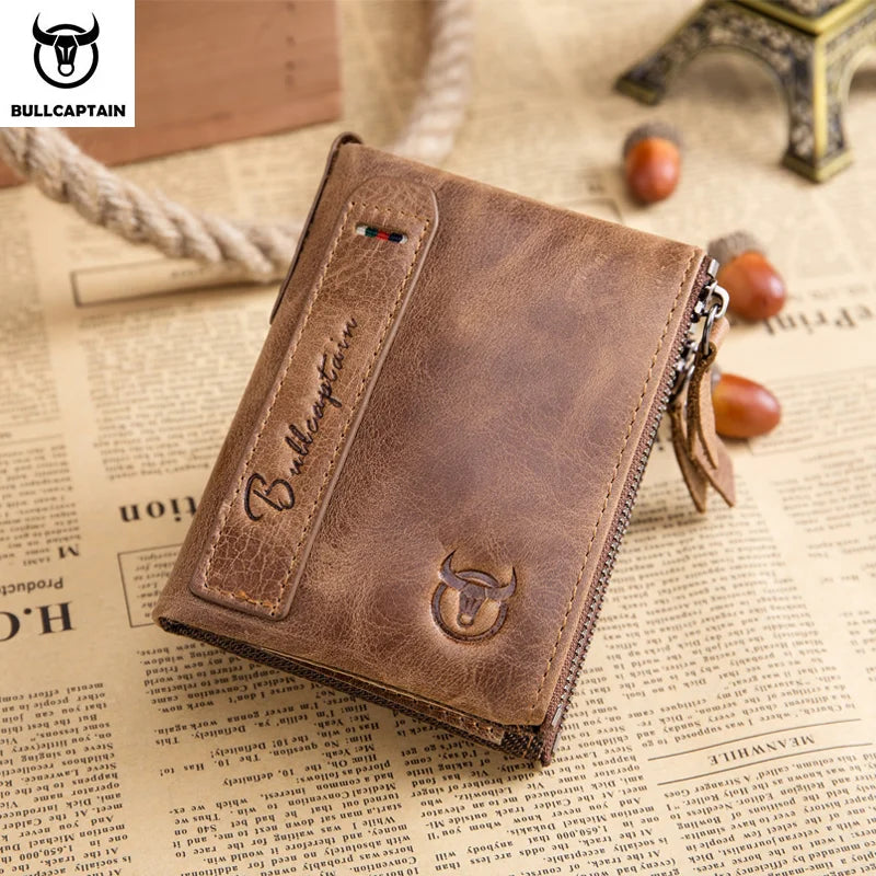 BULLCAPTAIN Vintage Men's Leather Wallet RFID Function Card Zipper Zero Wallet Multifunctional High Quality Leather Wallet QB06