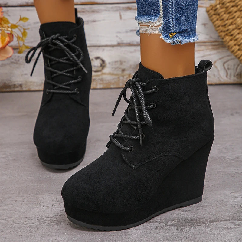 Fashion Lace Up Wedge Boots for Women Plus Size 35-42 Chunky Platform Ankle Boots Woman Autumn Winter Faux Suede Short Booties