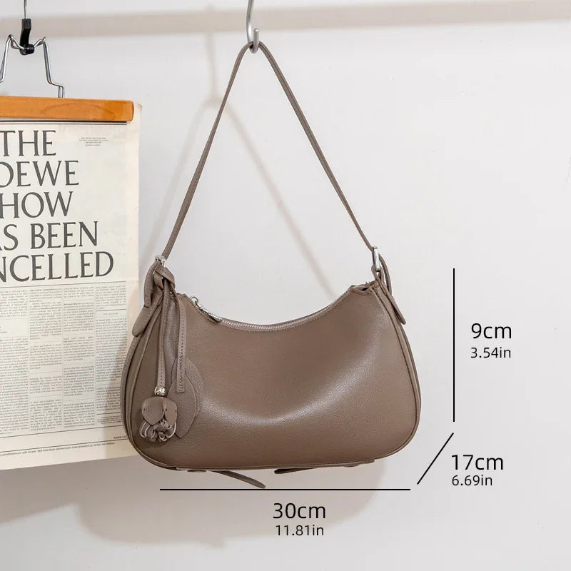 Genuine Cowhide Leather Slouchy Hobo Shoulder Bag for Women Pebbled Leather Crossbody Bag with Tassel Charm Luxury Designer Bag