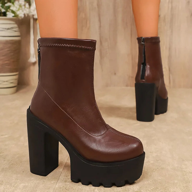 Black Pu Leather High Heel Ankle Boots Women Punk Back Zipper Chunky Platform Boots Woman Plus Size 43 Thick Heels Short Booties