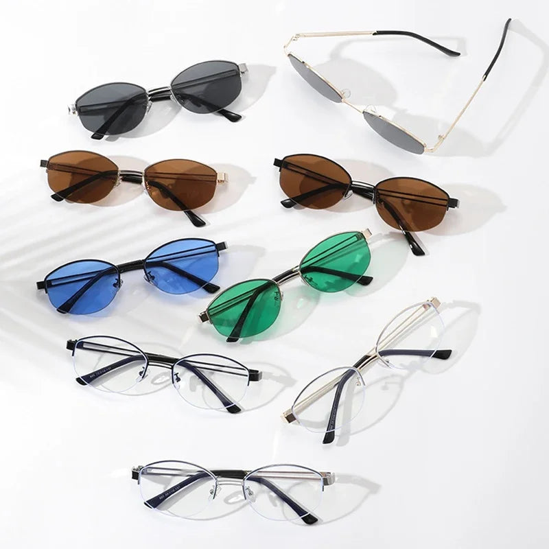 JNPCXI New Ins Popular Fashion Oval Sunglasses Women Vintage Semi-Rimless Clear Ocean Lens Shades UV400 Eyewear Men Sun Glasses