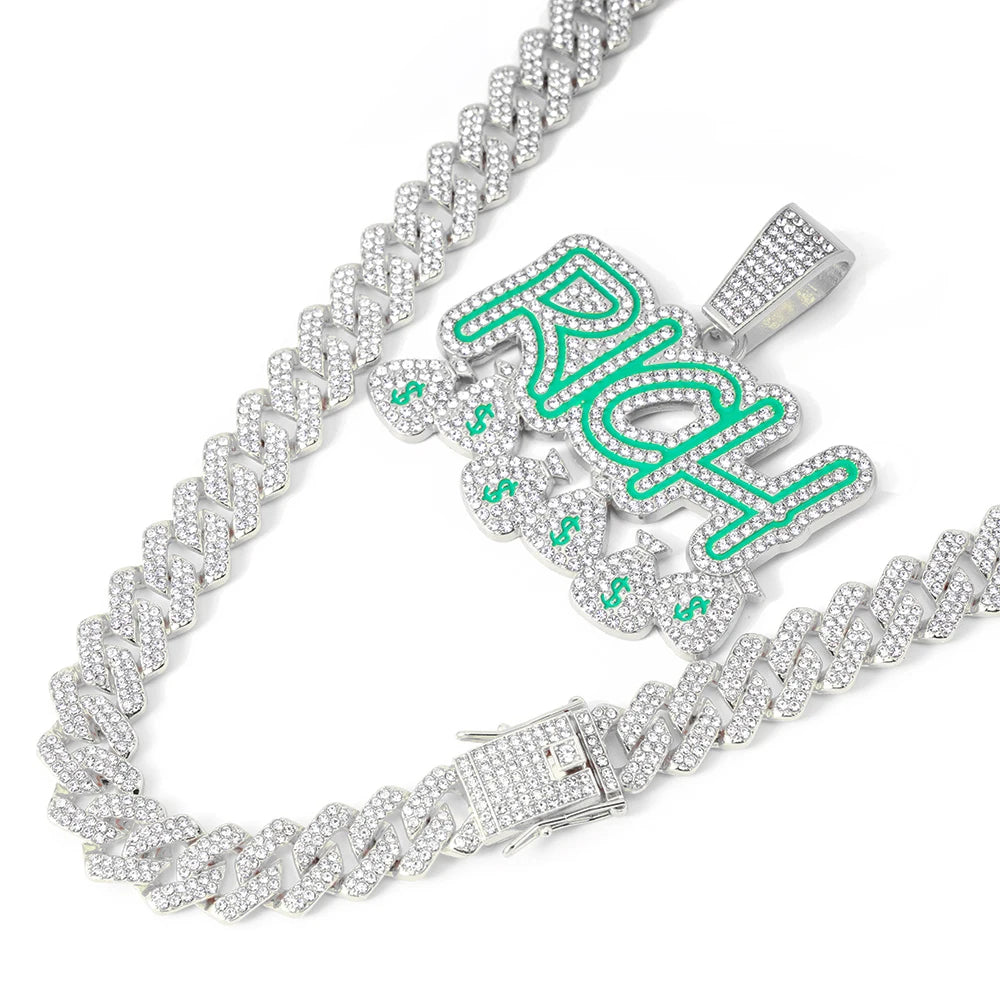 Hip Hop Men Become Rich Money Bag Letter Pendant Necklace With 14mm Miam Iced Out Trendy Dollar Cuban Link Chain Necklaces Gift