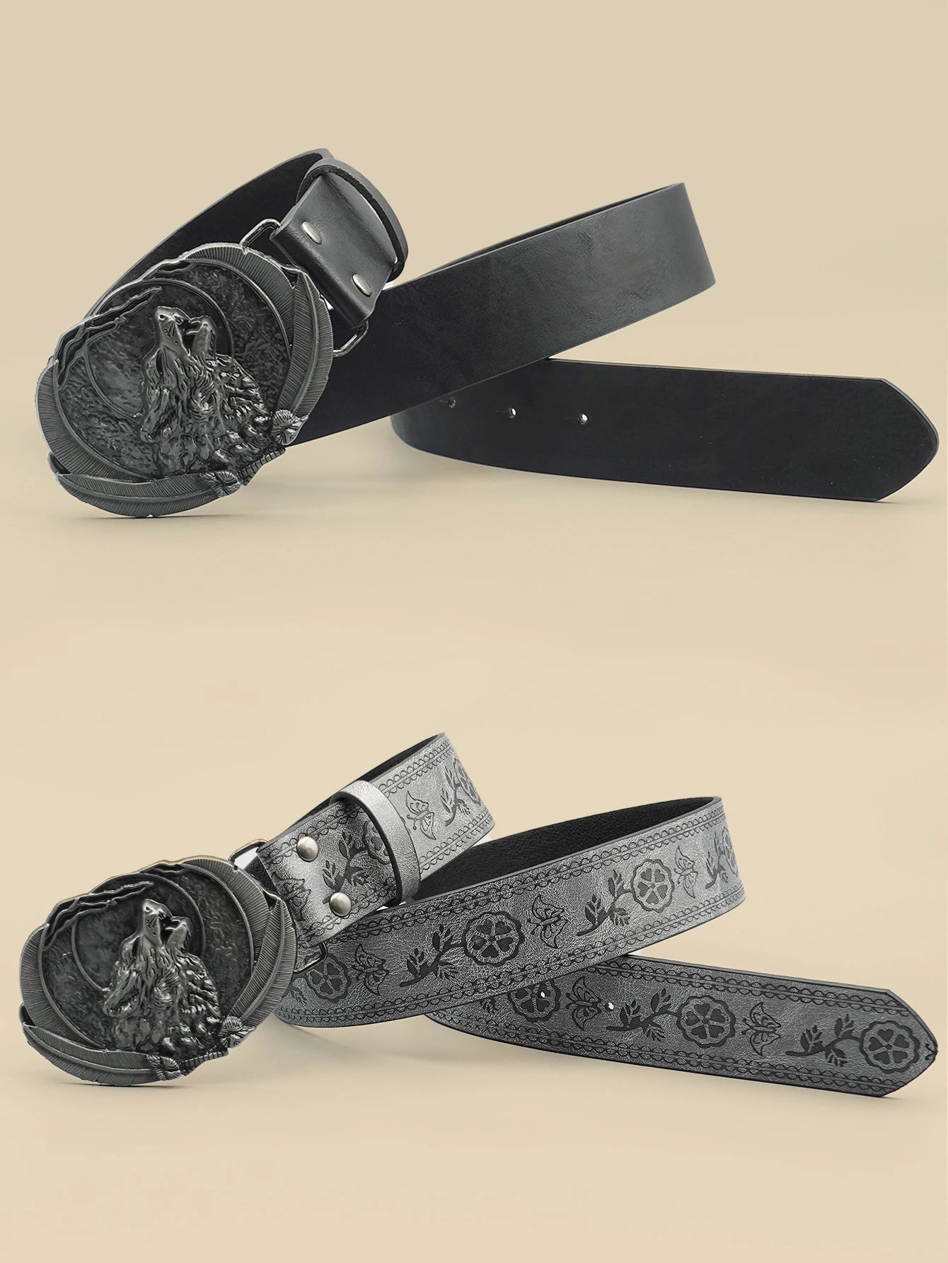 Men Vintage Western Wolf Buckle Streetwear Casual Pu Leather Belt