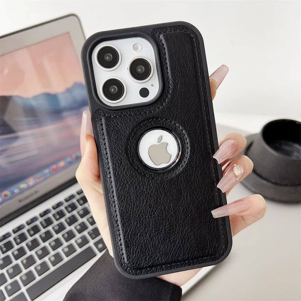 For iPhone 17 Air 11 12 13 14 15 Plus 16 Pro Max Business PU Leather Case Cowhide Logo Hole Shockproof Luxury Protective Cover