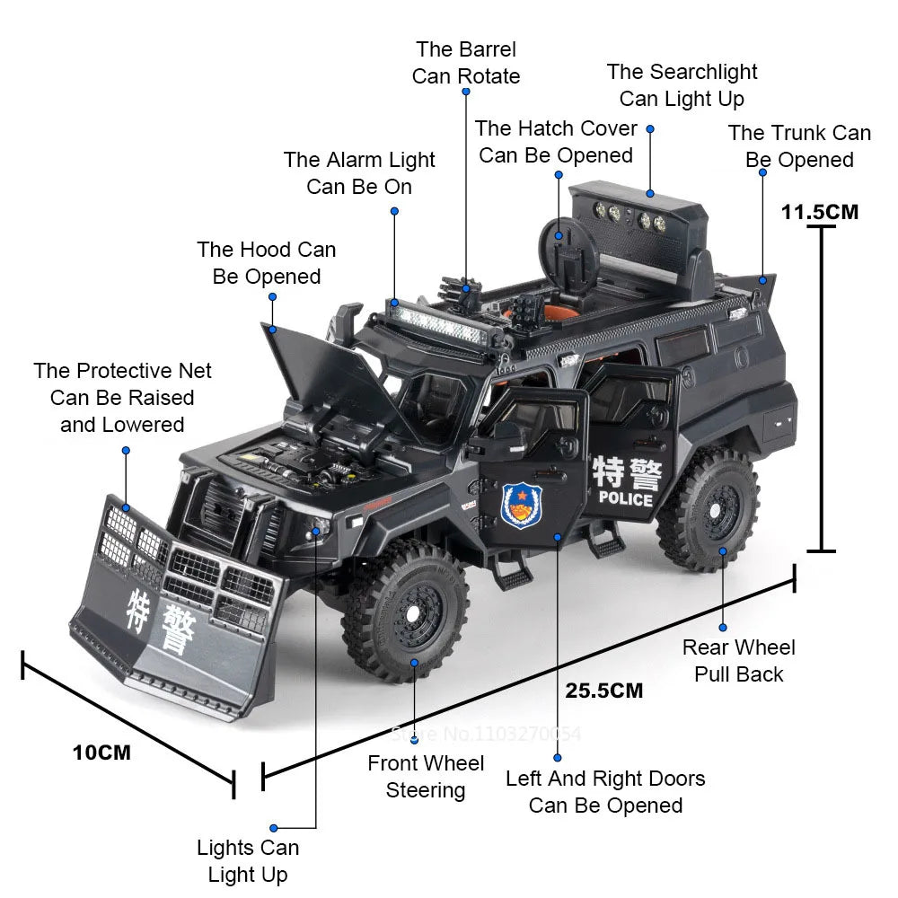 1:24 Police Car Disperse Explosion Proof Cars Toys Alloy Diecast Model with Sound Light Pull Back Doors Opened Vehcies Boy Gifts